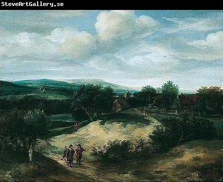 Jacob Koninck Landscape with huntsmen on a track before a village